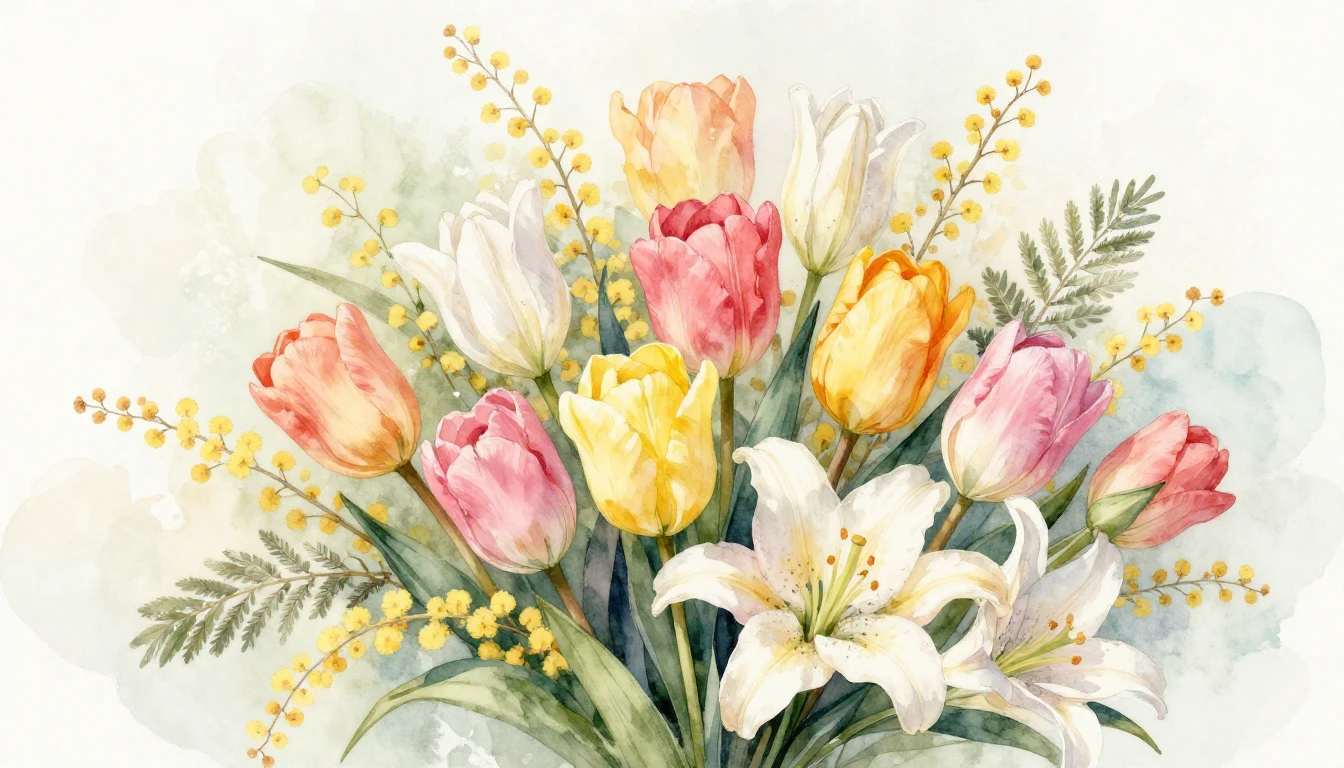 A delicate and vibrant watercolor illustration of a lush bou...