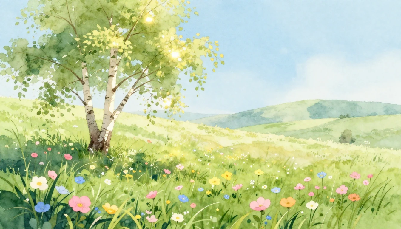 A delicate watercolor illustration of a vibrant spring meado...