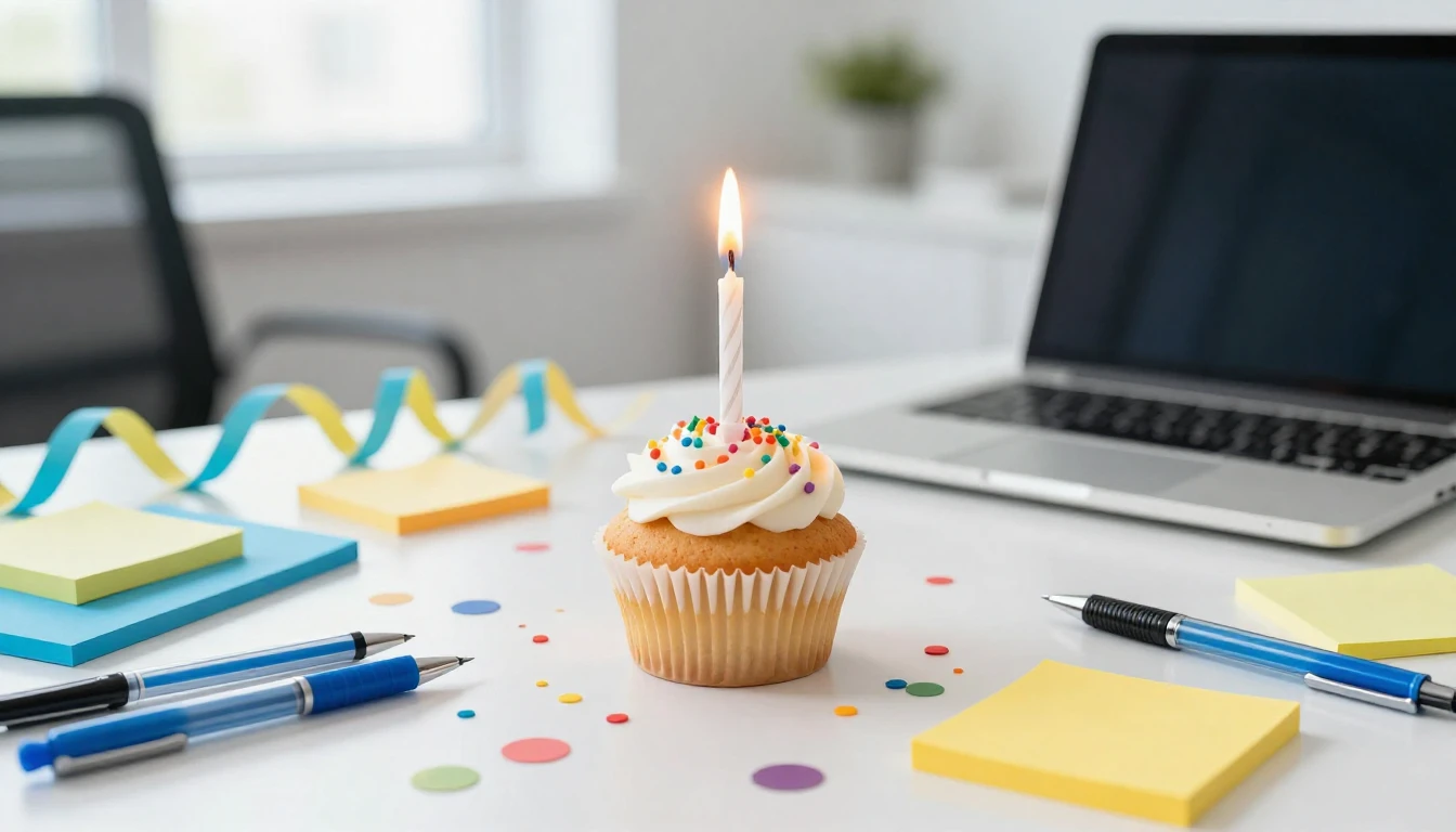 A festive office desk setup for a birthday celebration. In t...