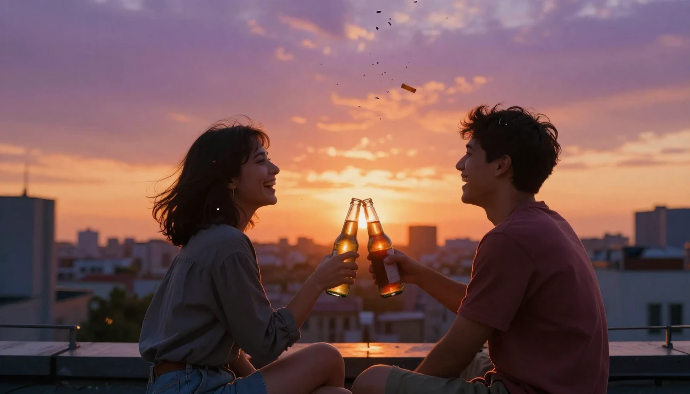 A warm and nostalgic scene of two friends sitting on a rooft...