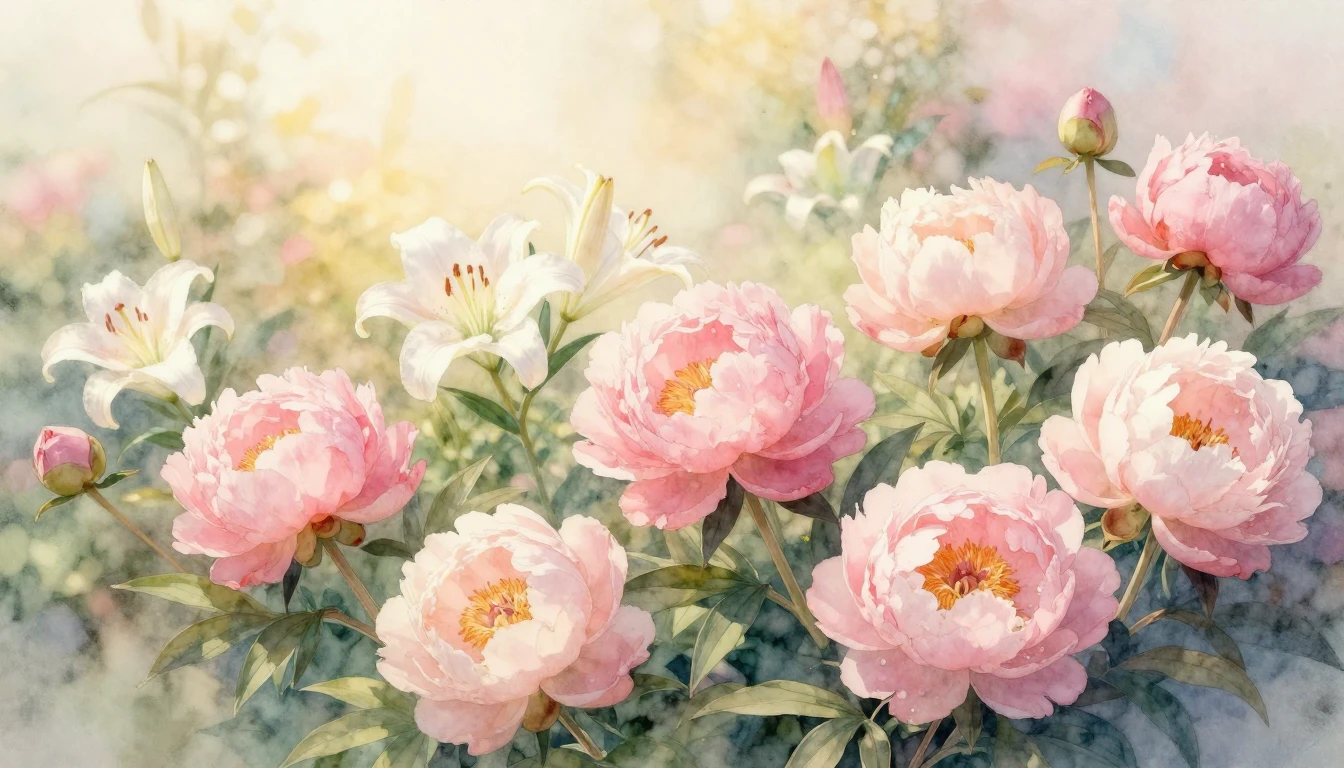 A beautiful watercolor painting of a blooming garden filled ...