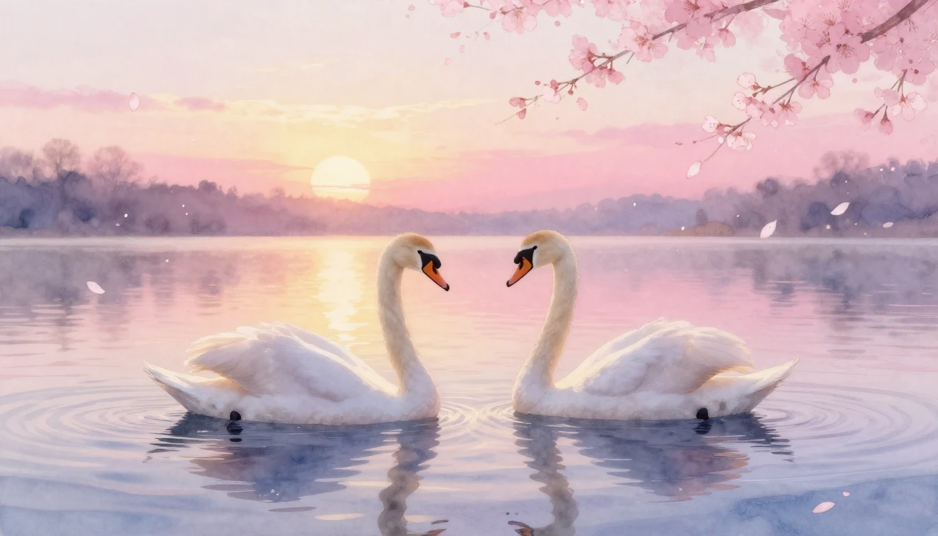 A dreamy watercolor painting of two elegant swans gliding on...