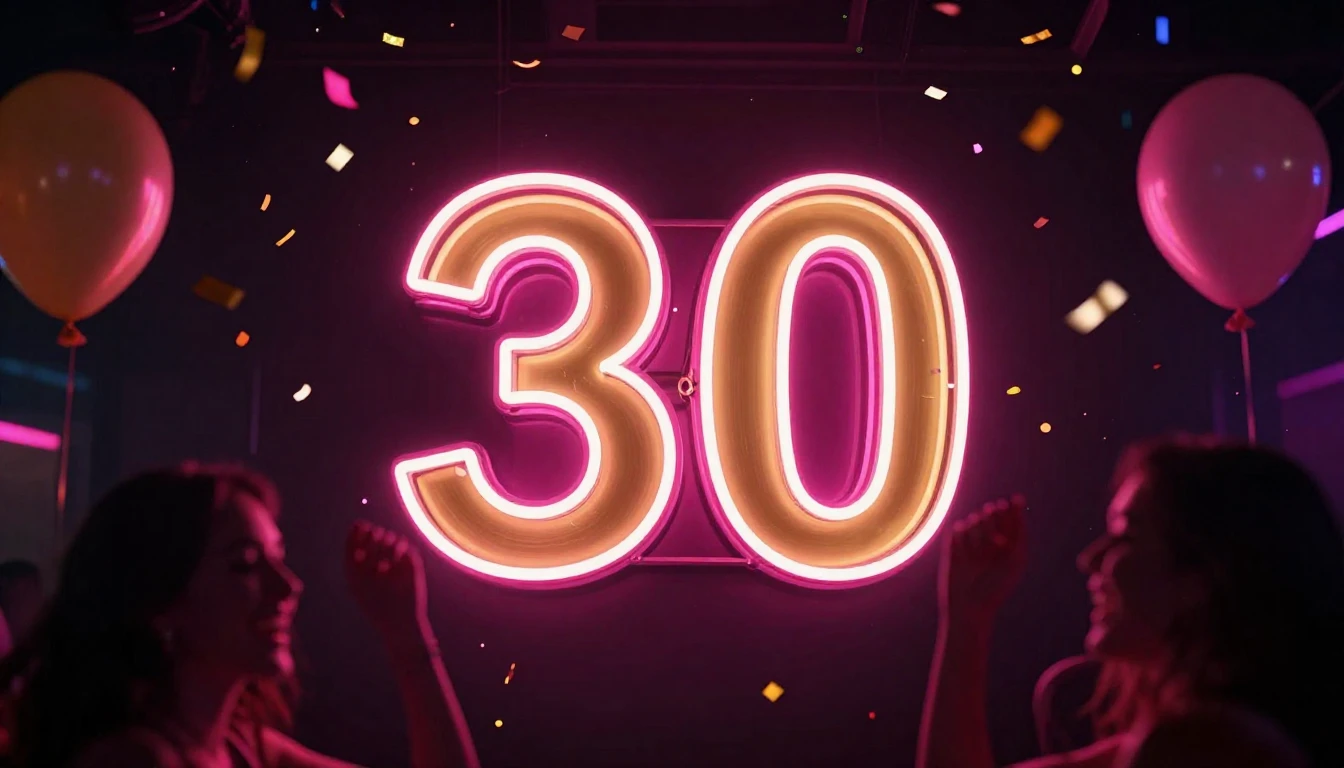 A bright, glowing neon sign centered in the frame displaying...