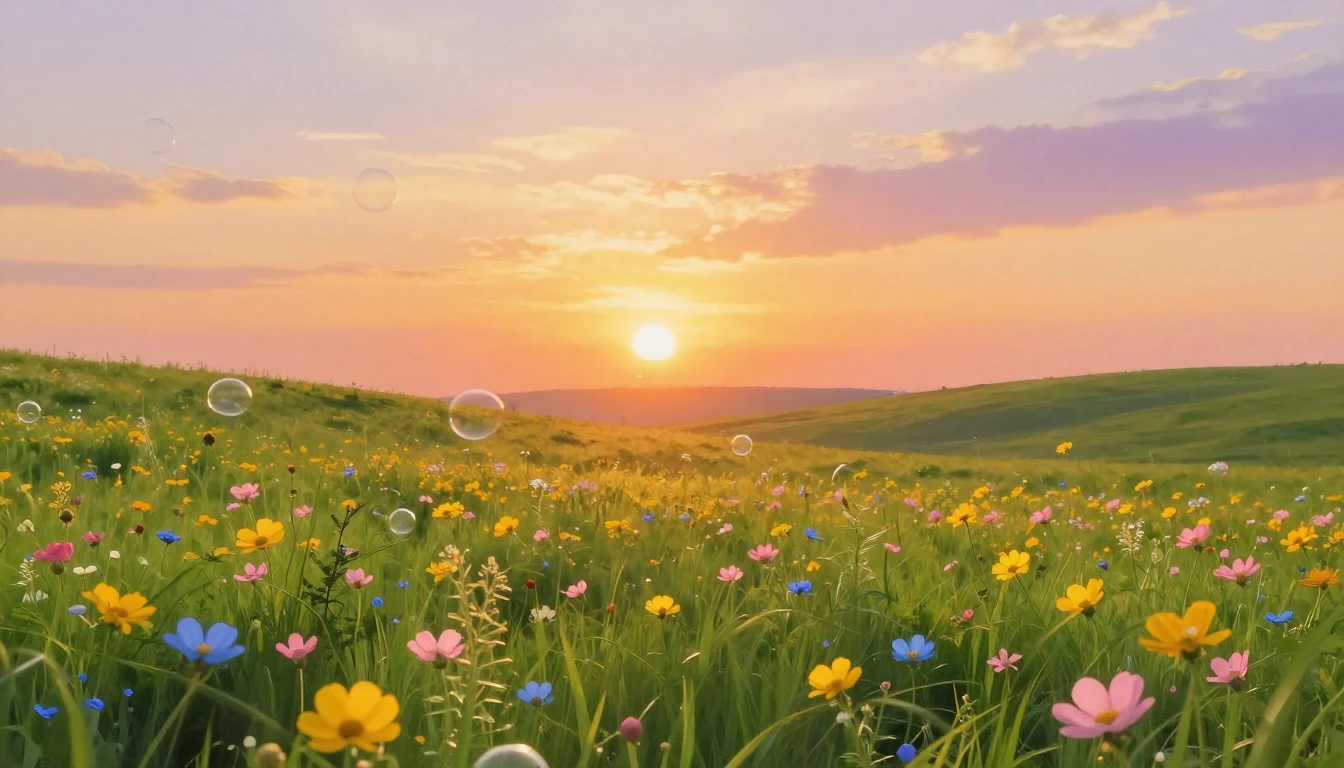 A beautiful and vibrant sun rising over a lush, rolling gree...