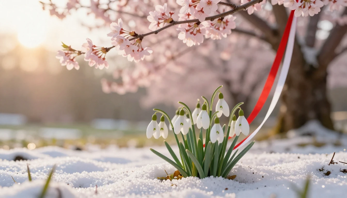 A serene spring landscape featuring a delicate cluster of wh...