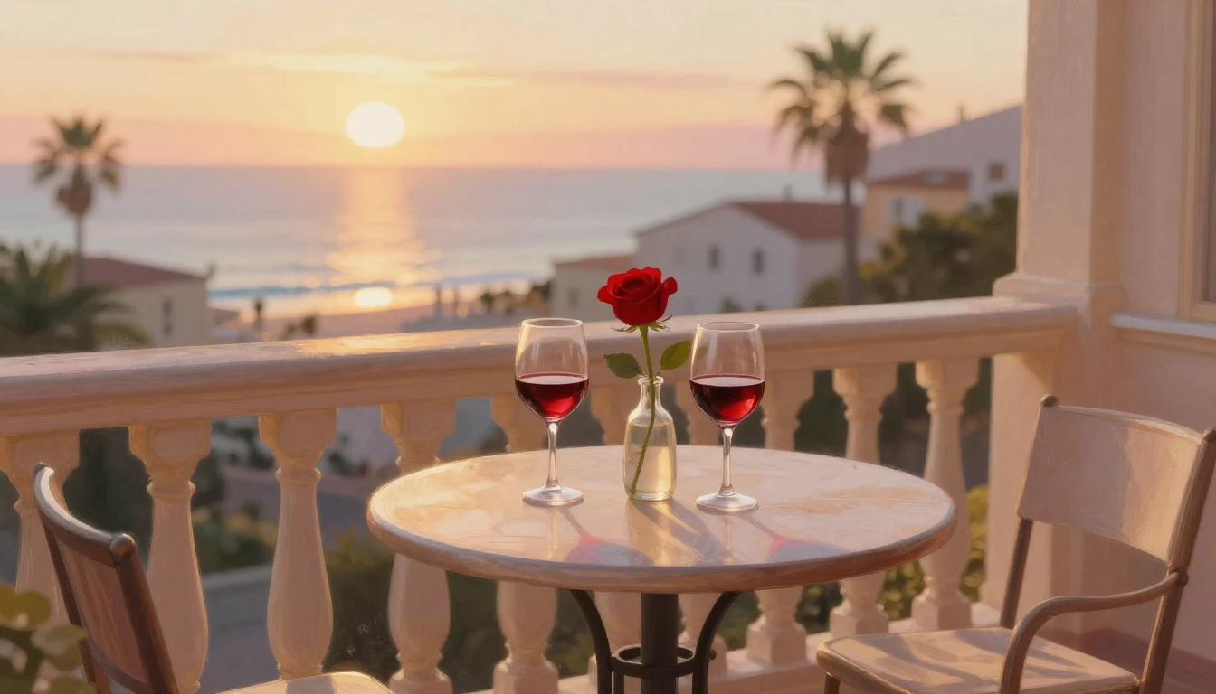 A romantic, cozy balcony scene at sunset overlooking a seasi...