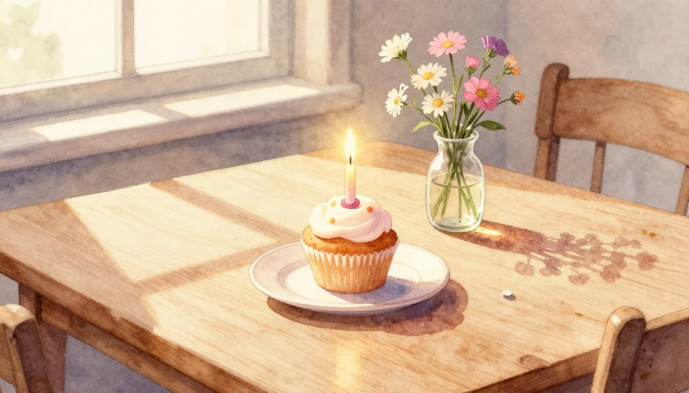 A soft watercolor painting of a cozy wooden table set for a ...
