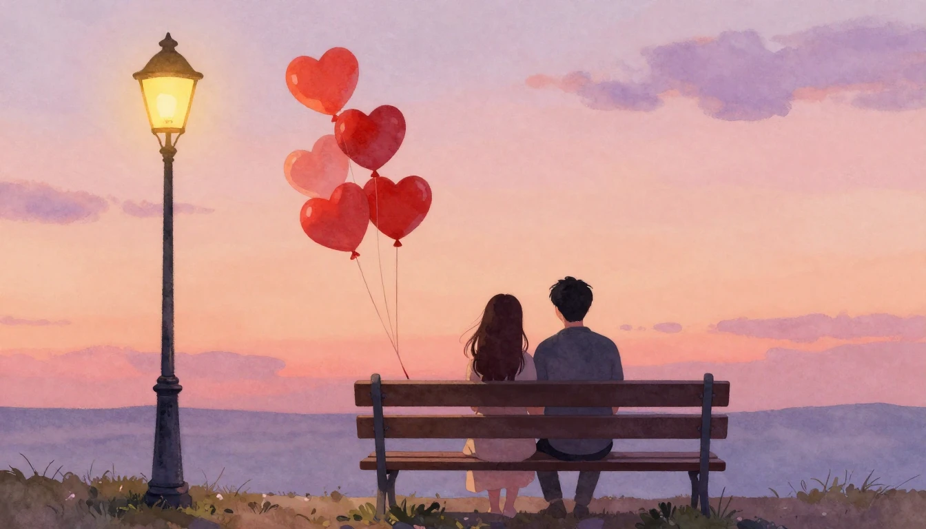 A romantic watercolor painting of a couple sitting on a park...