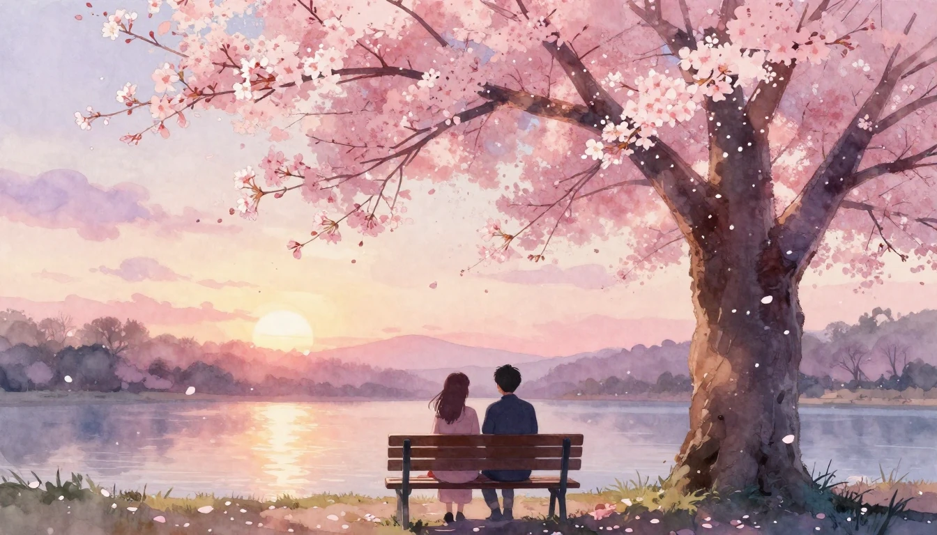 A dreamy and romantic scene featuring two silhouettes of peo...