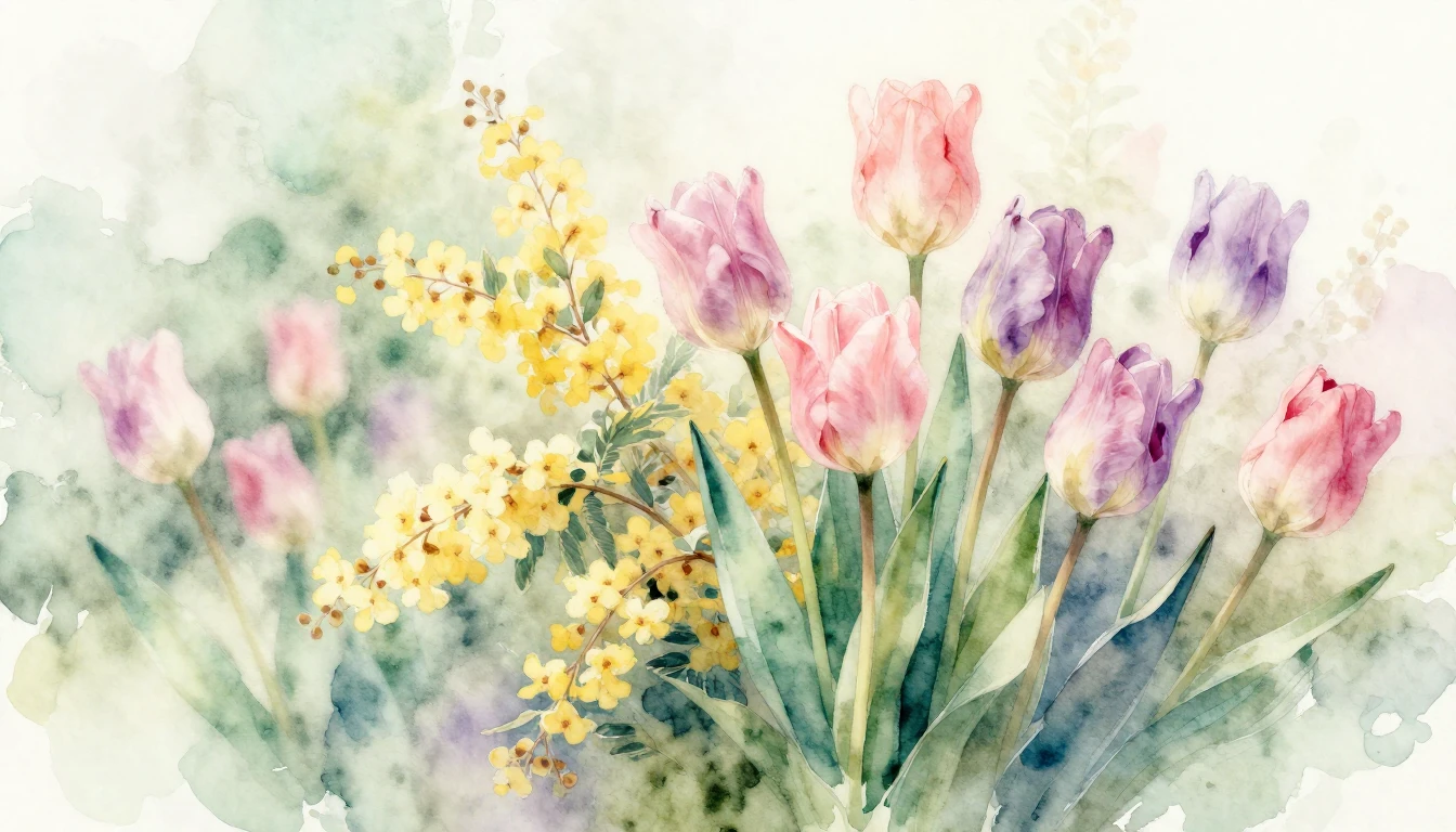 A delicate watercolor painting of a blooming spring garden. ...