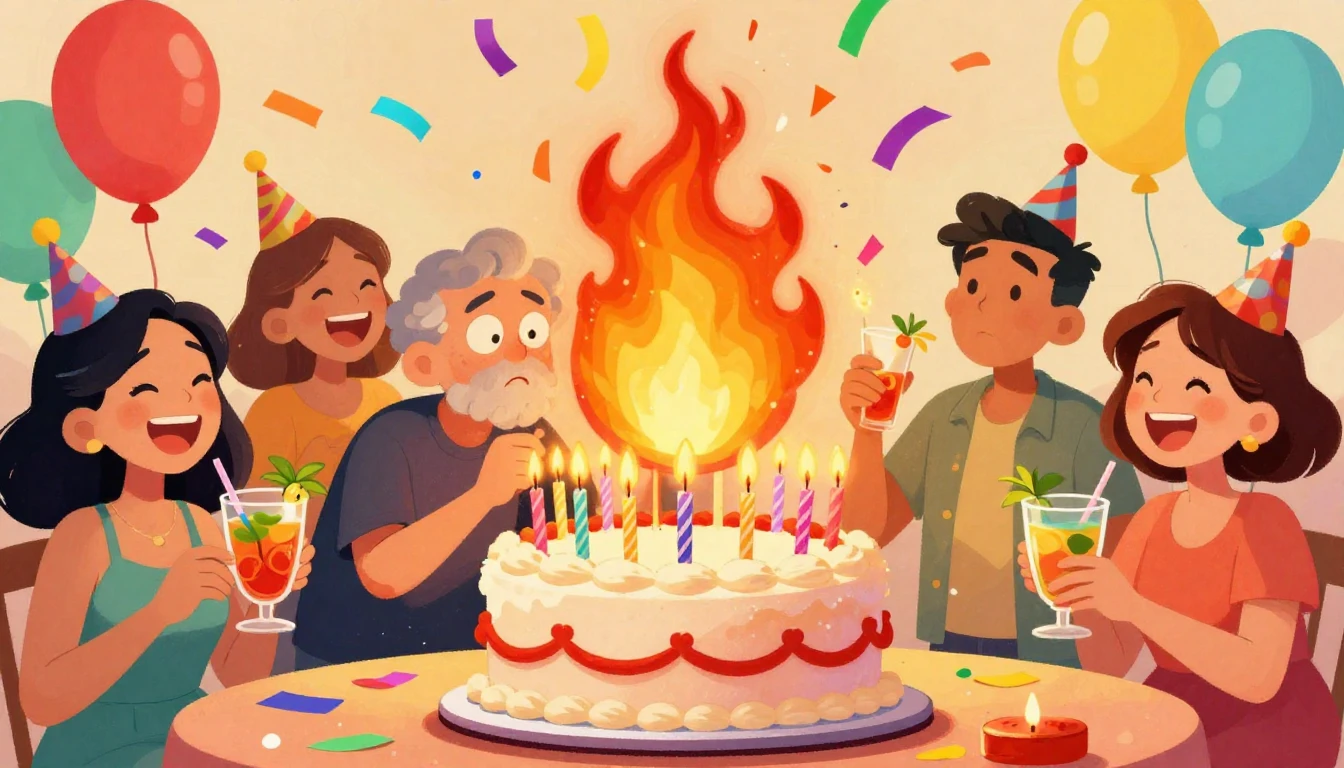 A vibrant and humorous cartoon illustration of a chaotic bir...