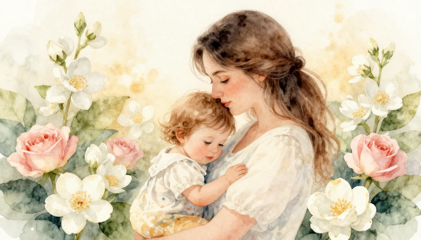 A heartwarming watercolor illustration depicting a mother te...