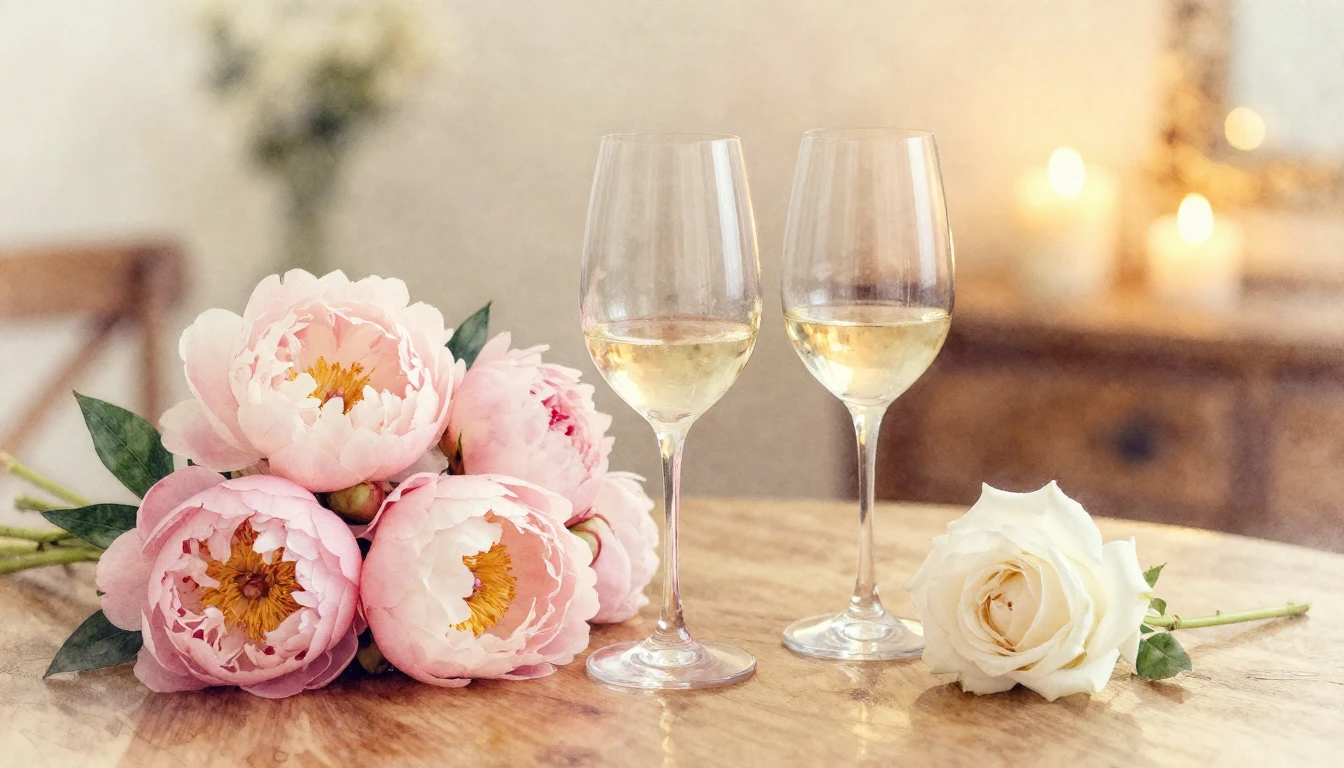 A delicate watercolor painting of two elegant wine glasses s...