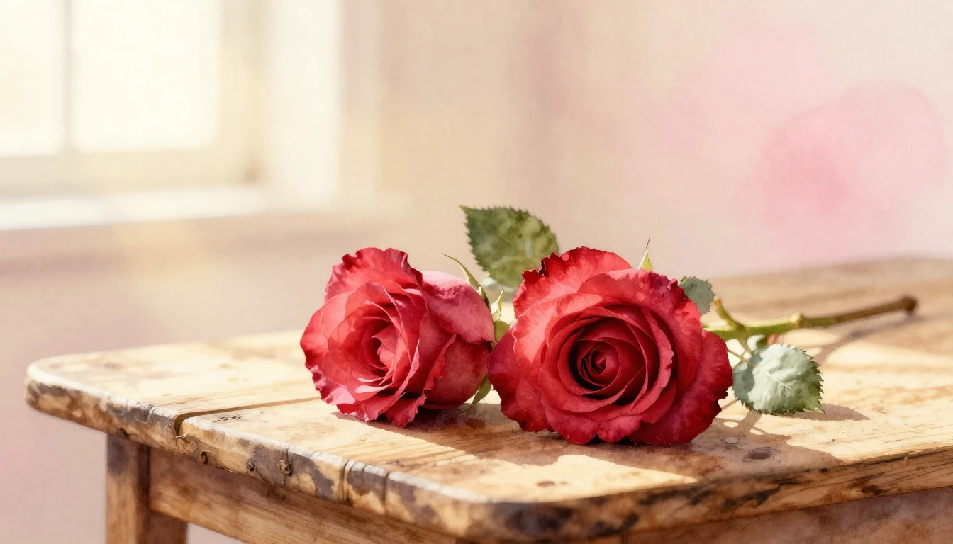 A delicate watercolor painting featuring two soft red roses ...
