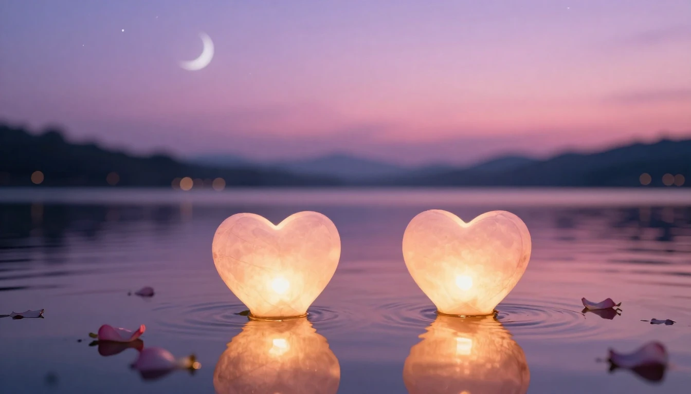A dreamy and romantic scene featuring two glowing heart-shap...