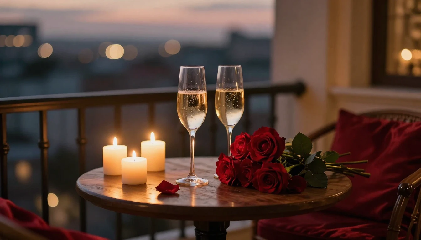 A breathtakingly romantic scene featuring a small wooden tab...