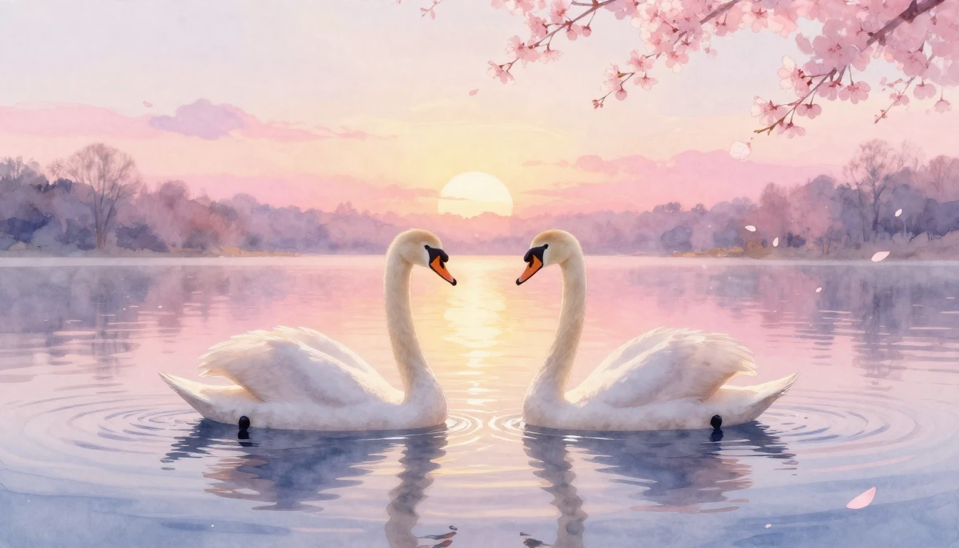 A dreamy watercolor painting of two elegant swans gliding on...