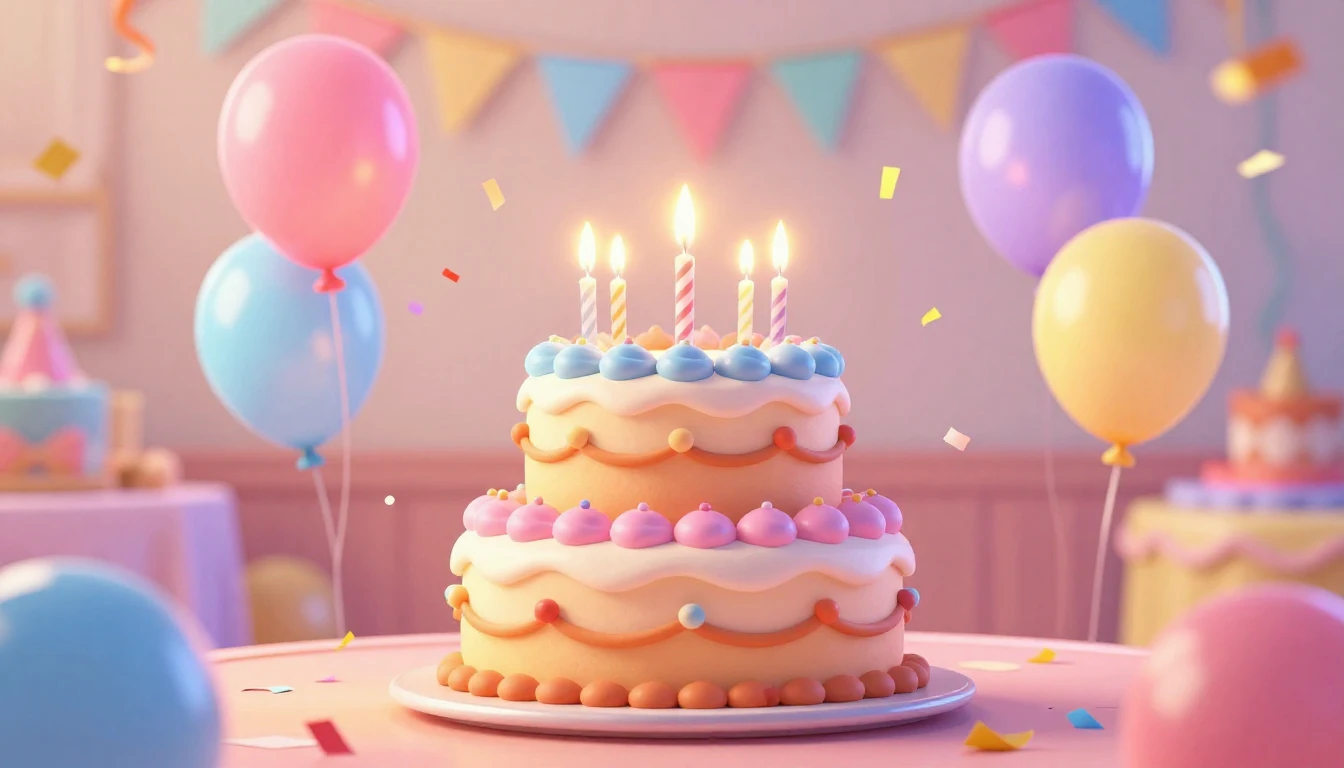 A vibrant and joyful birthday celebration scene in a cute 3D...