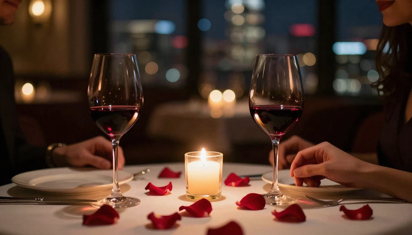 A close-up shot of a beautifully set dinner table for two in...