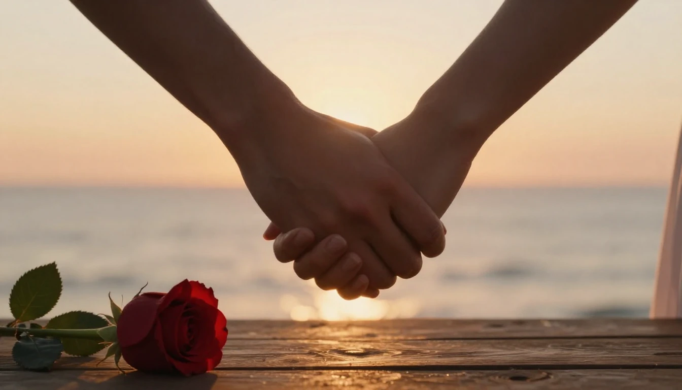 A cinematic, romantic scene featuring a close-up of two hand...