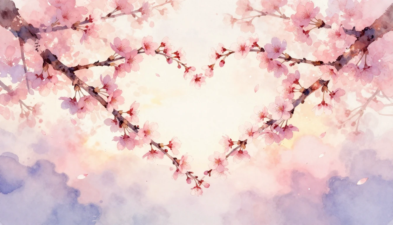 A delicate watercolor painting of two intertwined cherry blo...