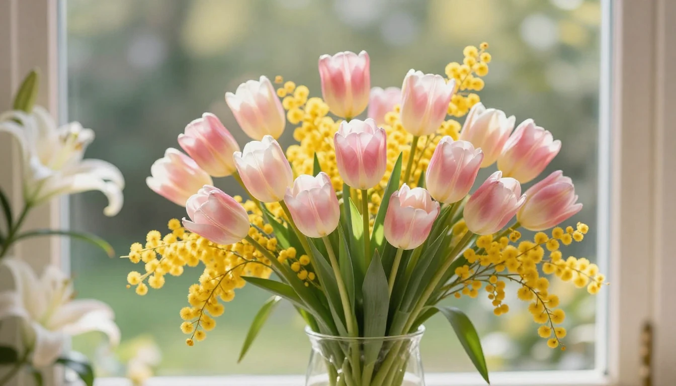 A beautiful and vibrant spring scene featuring a lush bouque...