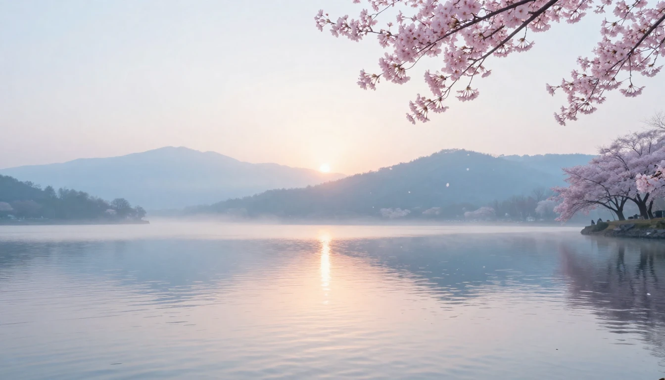 A serene landscape featuring a calm lake reflecting a soft s...