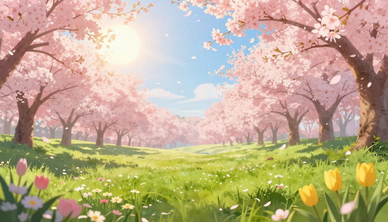 A serene and beautiful spring landscape, vibrant lush green ...