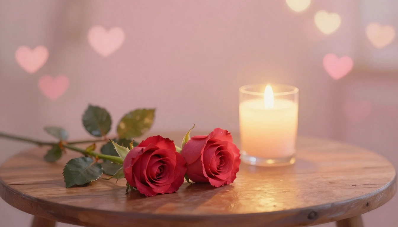 A dreamy and romantic scene featuring two delicate red roses...