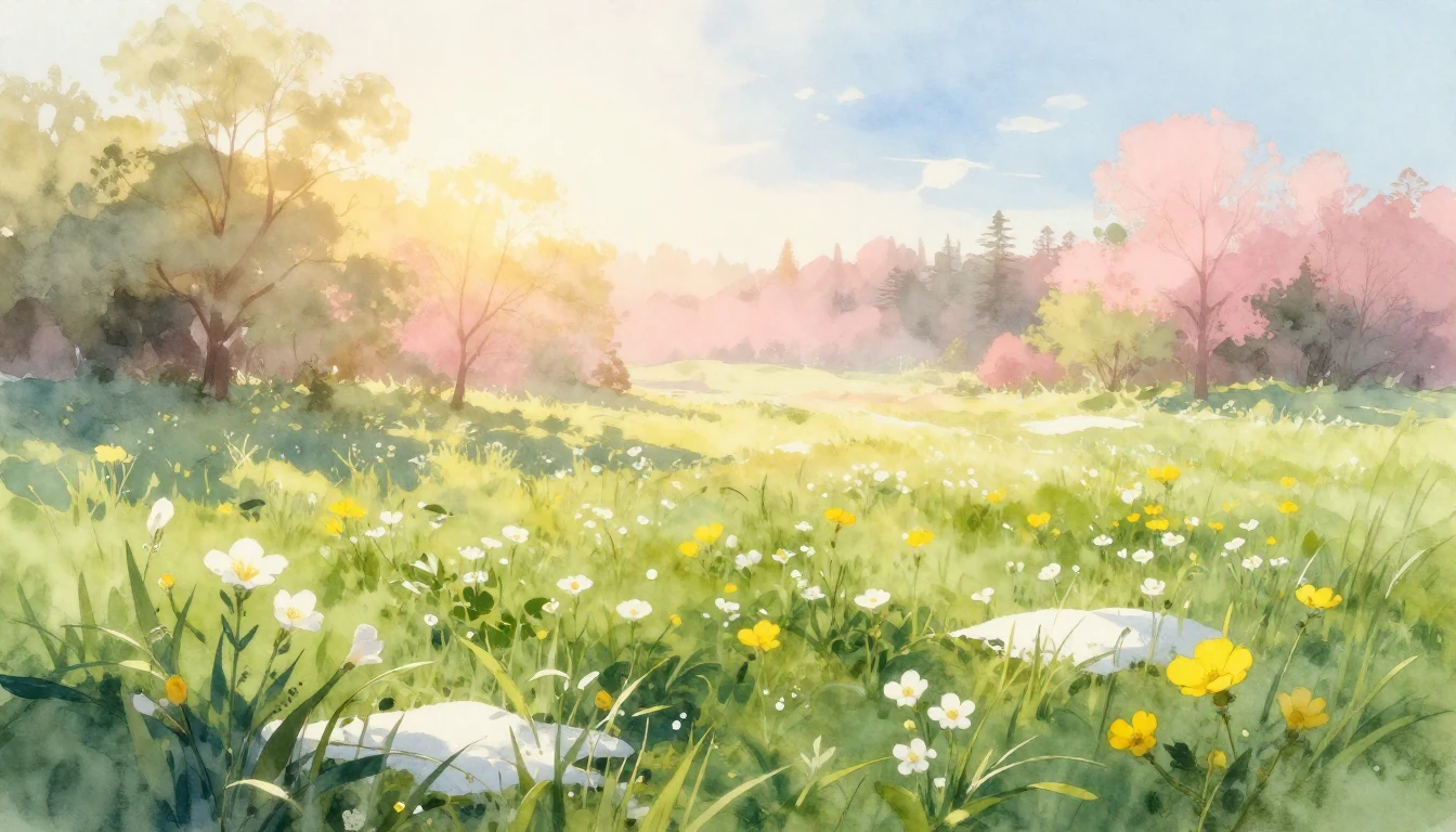 A delicate watercolor painting showing a lush green meadow a...