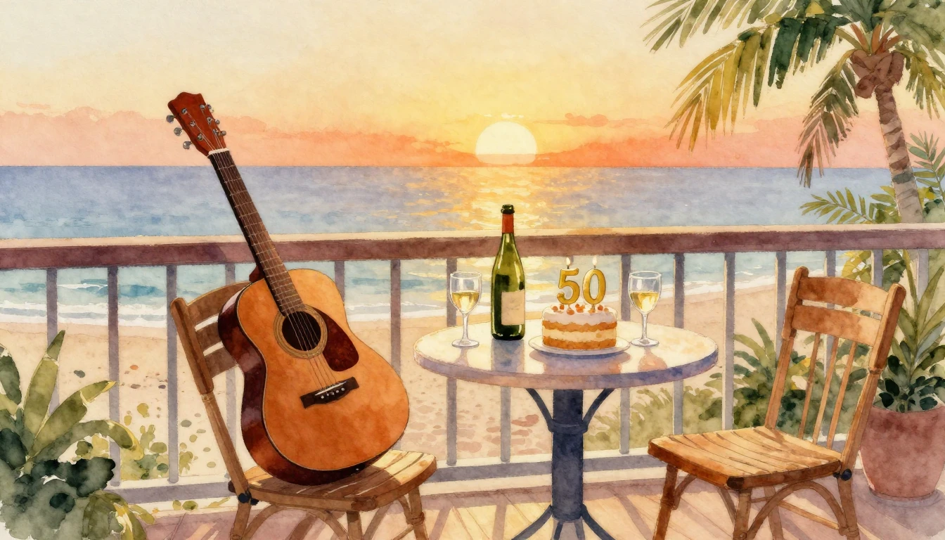 A nostalgic and warm watercolor painting of a 50th birthday ...