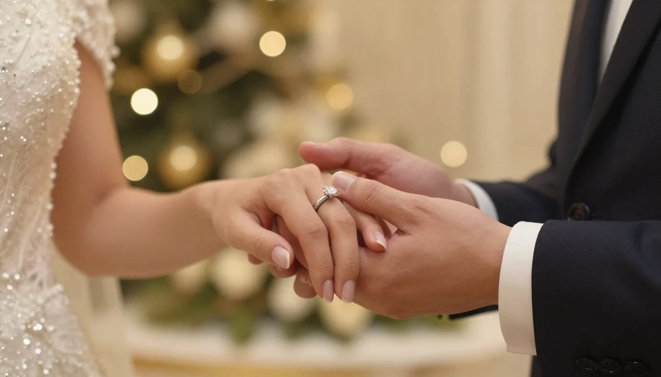 A close-up cinematic shot of a couple holding hands, focusin...
