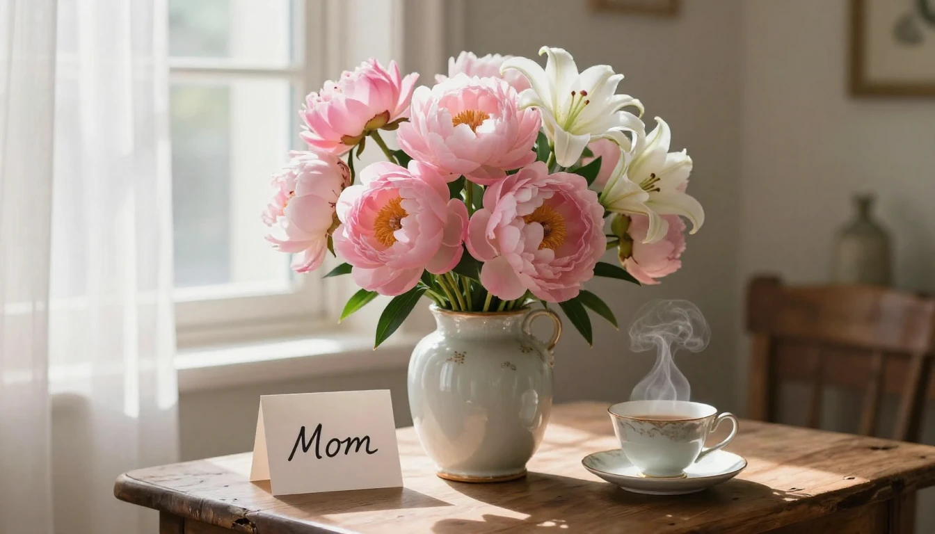 A heartwarming and gentle composition featuring a lush bouqu...