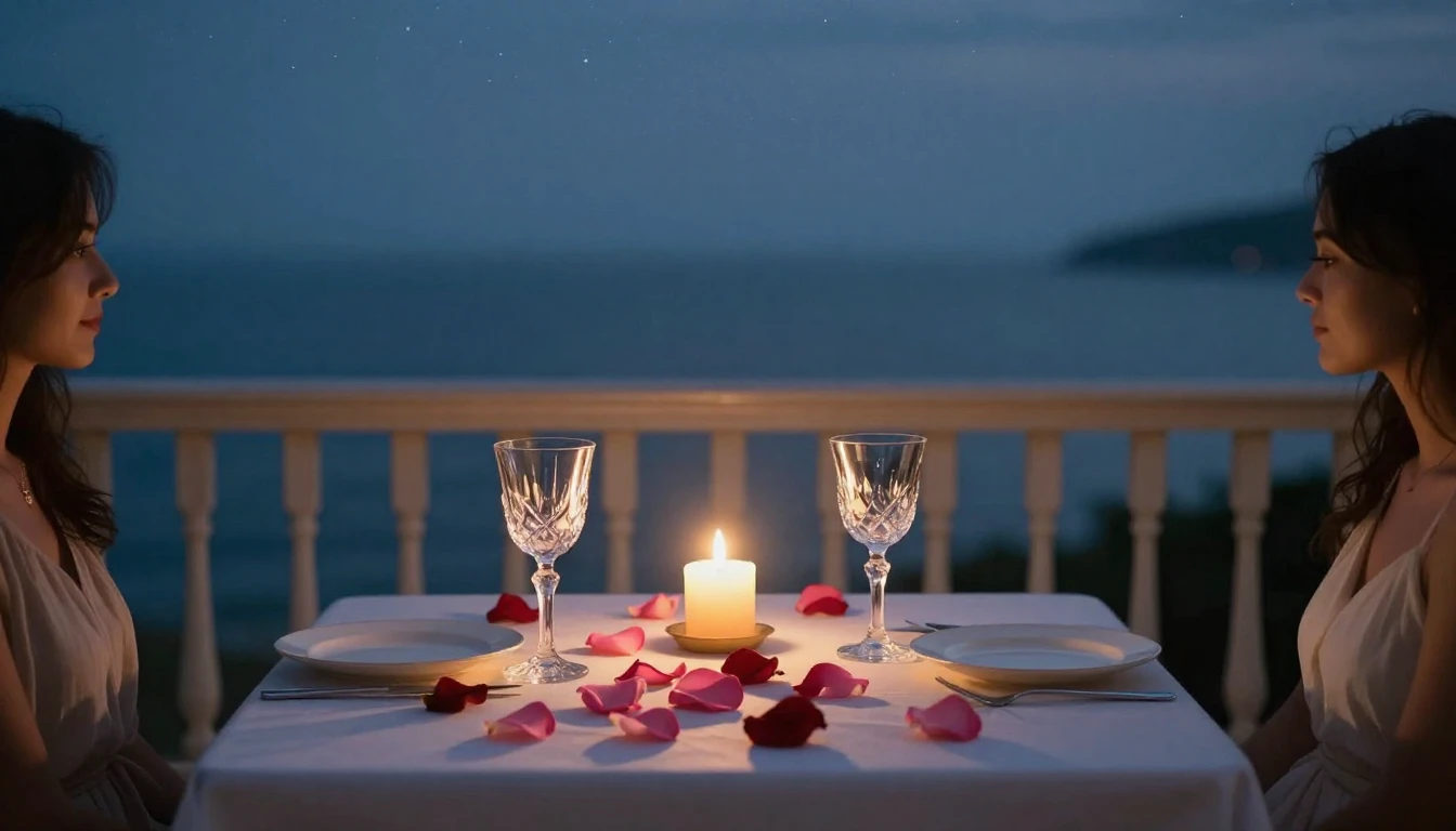 A breathtakingly beautiful scene of a quiet, candlelit dinne...