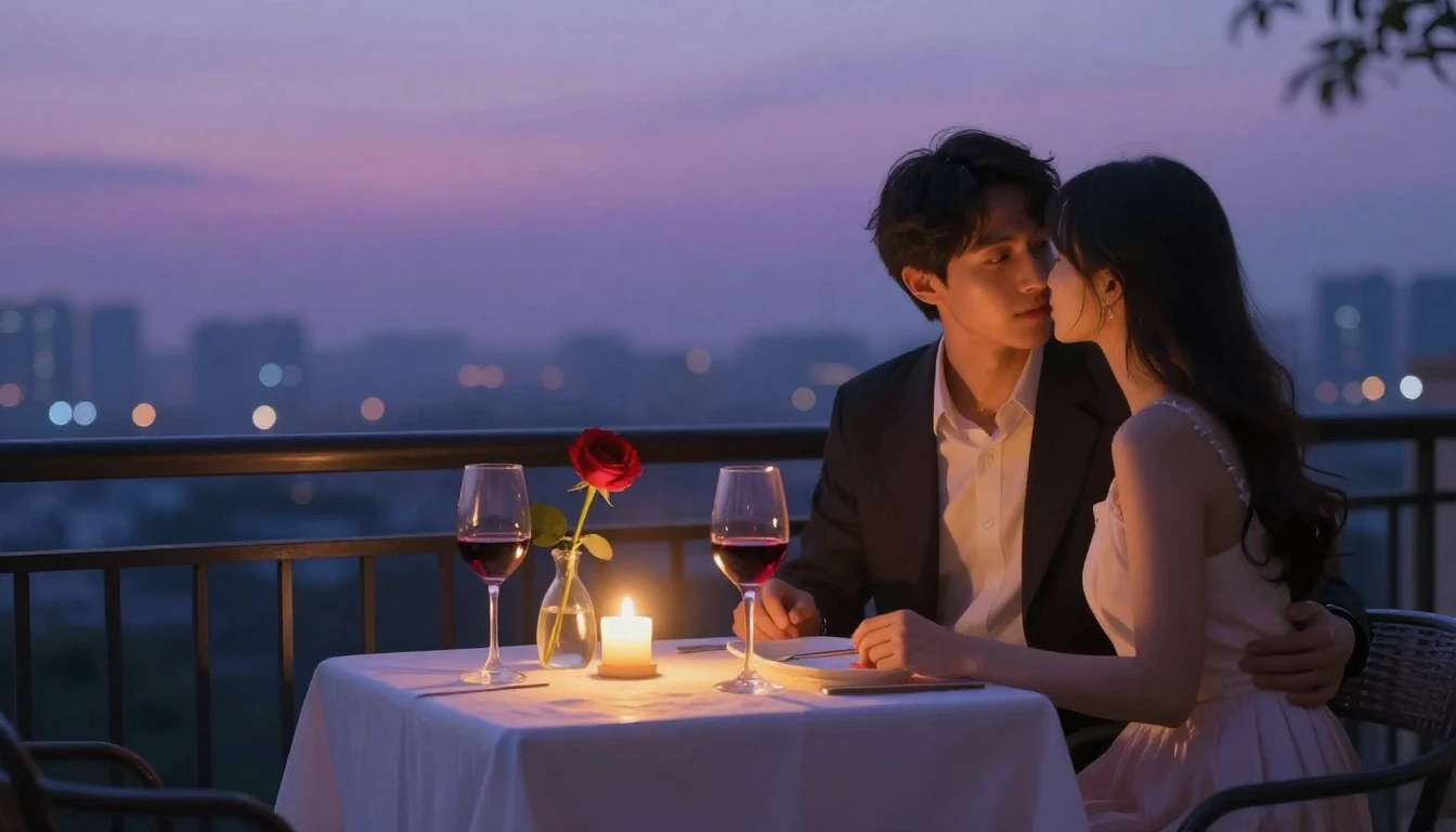 A romantic scene of an intimate dinner for two on a balcony ...