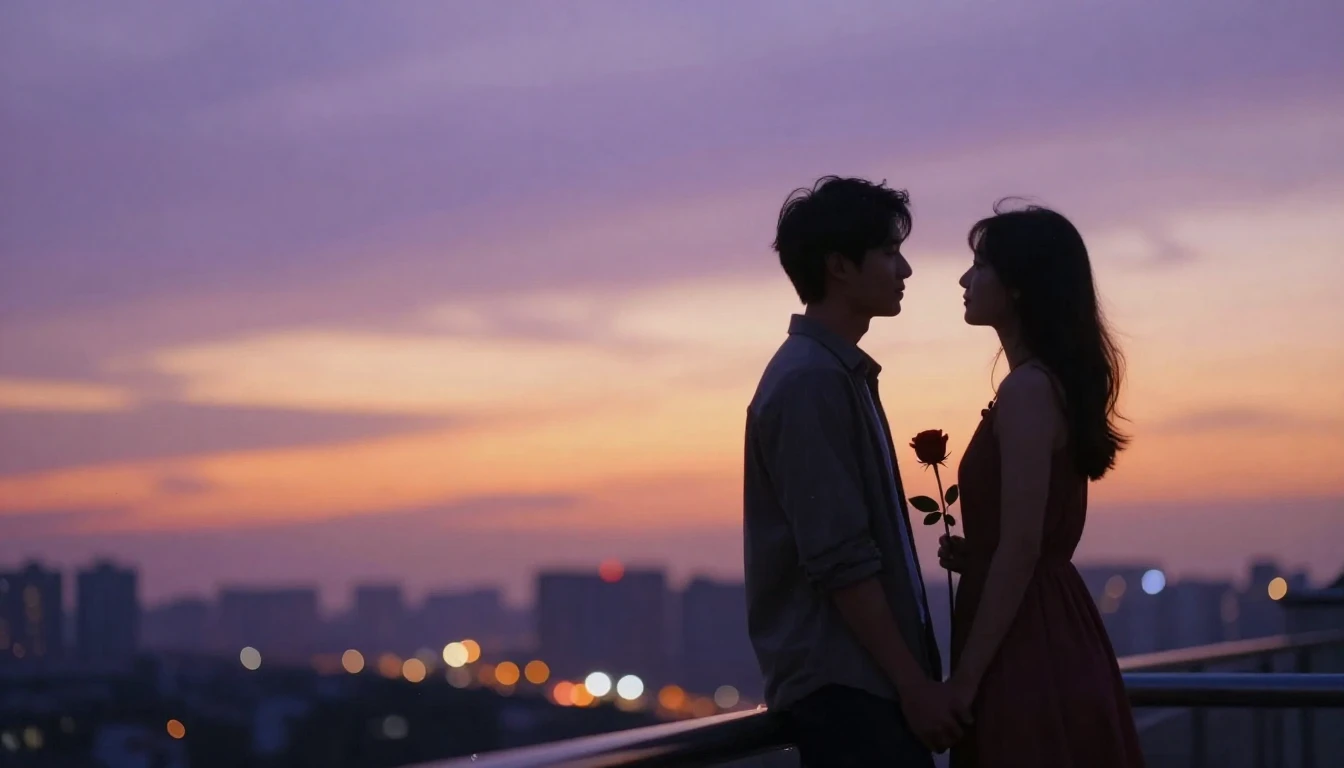 A cinematic shot of a romantic couple standing on a balcony ...
