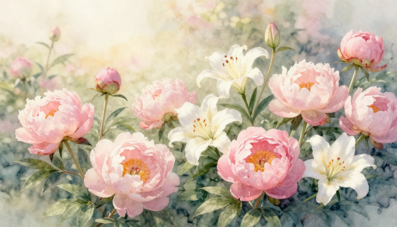A beautiful watercolor painting of a blooming garden filled ...