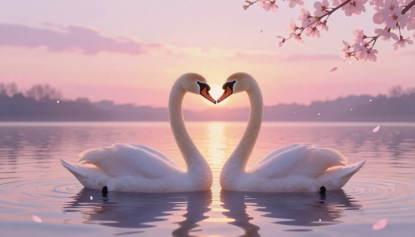 A dreamy and romantic scene featuring two silhouettes of swa...