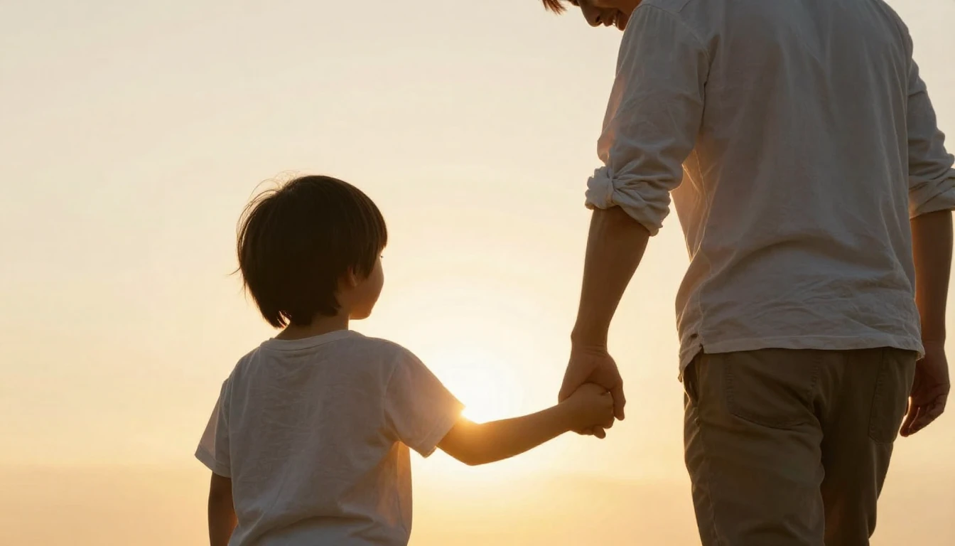 A heartwarming scene of a father and child holding hands and...