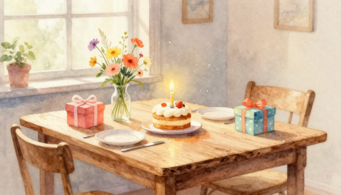 A beautiful watercolor painting of a cozy wooden table set f...