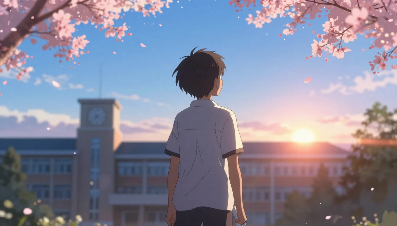 A nostalgic and emotional anime-style illustration of a high...