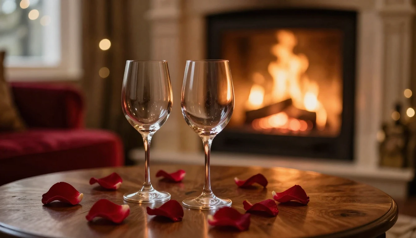 A serene and romantic scene featuring two elegant glasses on...