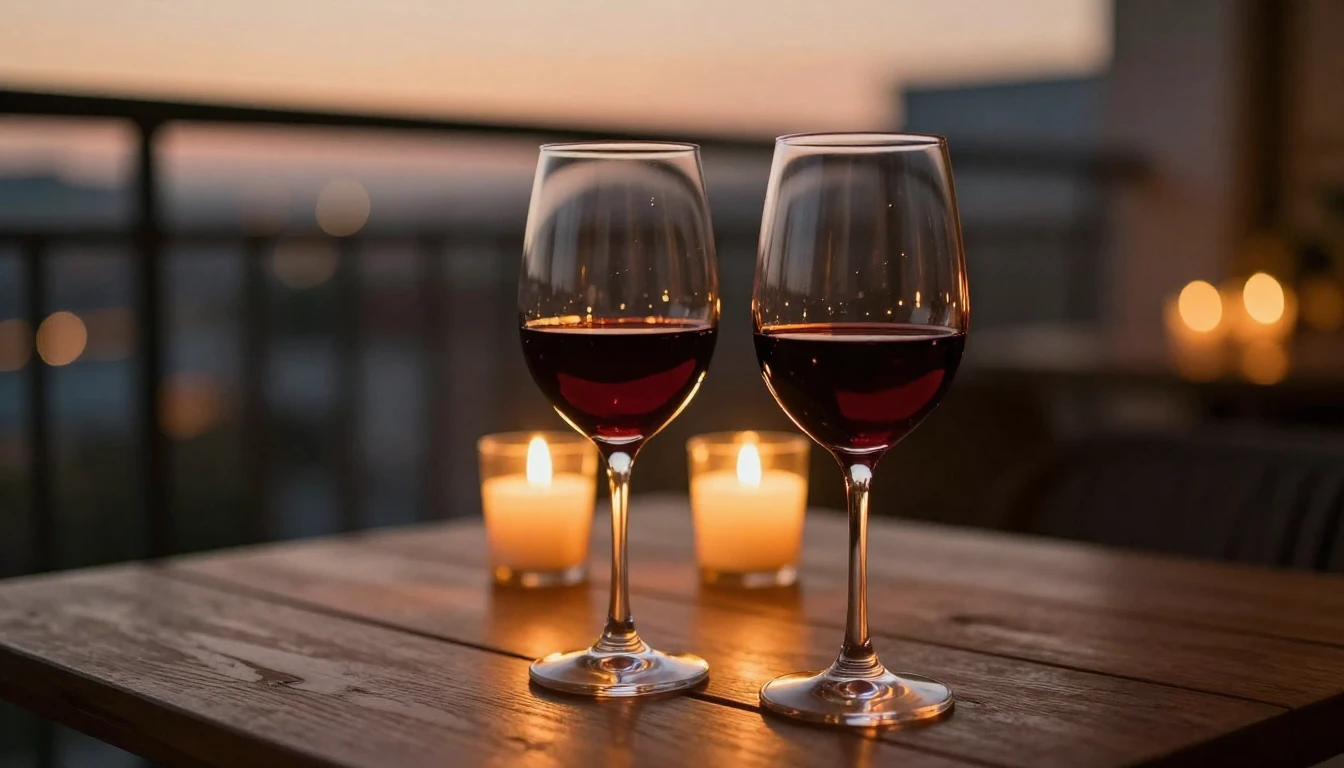 A close-up shot of two elegant wine glasses filled with red ...