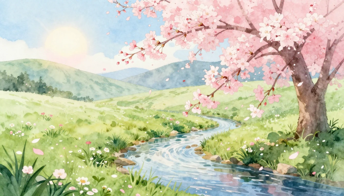 A serene spring landscape painted in delicate watercolor. So...