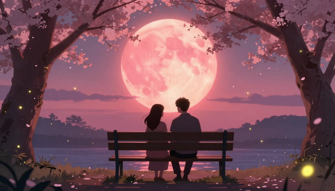 A romantic, dreamy illustration of a couple sitting on a ben...