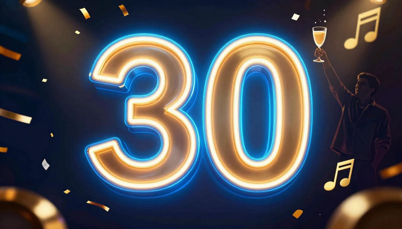 A vibrant and energetic album cover celebrating a 30th birth...