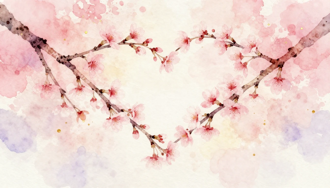 A delicate watercolor painting of two intertwined cherry blo...