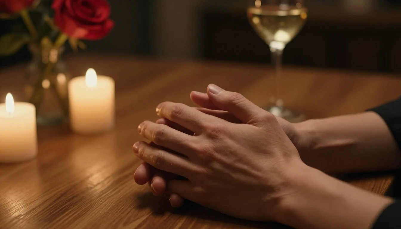 A highly detailed cinematic close-up of two hands gently hol...