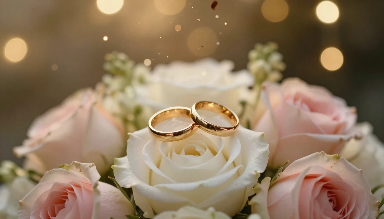 A cinematic close-up shot of two golden wedding rings restin...