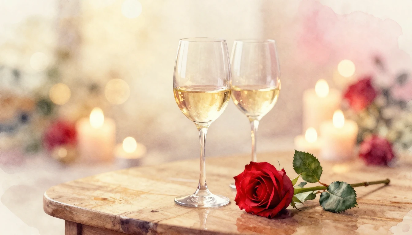 A dreamy watercolor painting of two elegant wine glasses sit...
